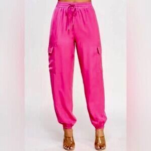 Idem Ditto Hot Pink Satin Cargo Jogger Pants High‎ Waisted Size M H13756PVC